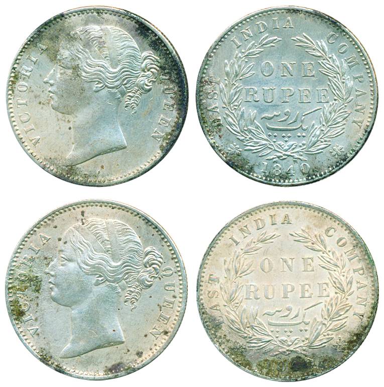 Victoria Queen (DL), Silver, Rupee (2), Bombay mint, 1840, W.W. raised, 28 berries. Very F