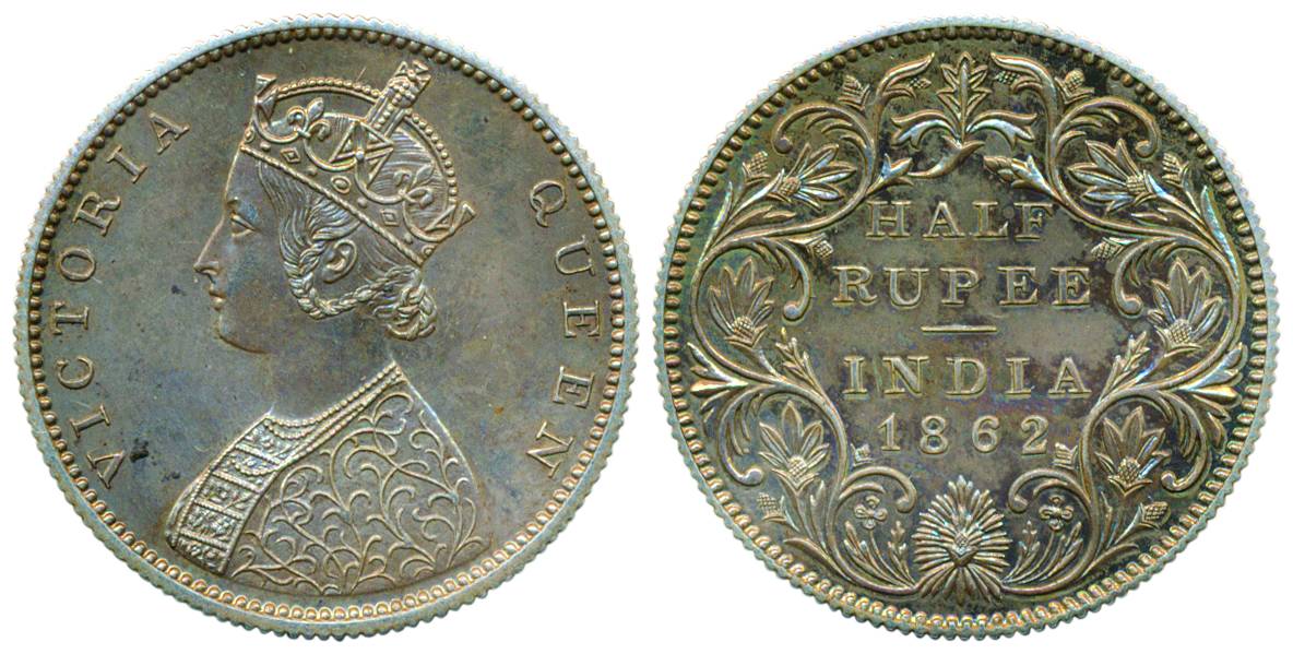 Victoria Queen, Silver, 1/2 Rupee Proof, Bombay mint, 1862, B1/II. Mint state, Very Rare, 