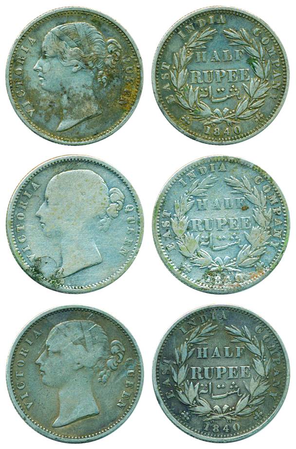 Victoria Queen (DL), Silver, 1/2 Rupee (3), 1840, W.W. incused, 24 berries. Very Fine to V