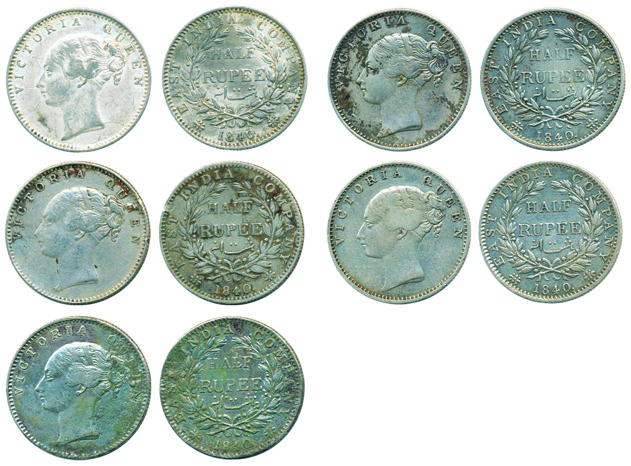 Victoria Queen (CL), Silver, 1/2 Rupee (5), 1840, English Head, no initials, 19 berries. A