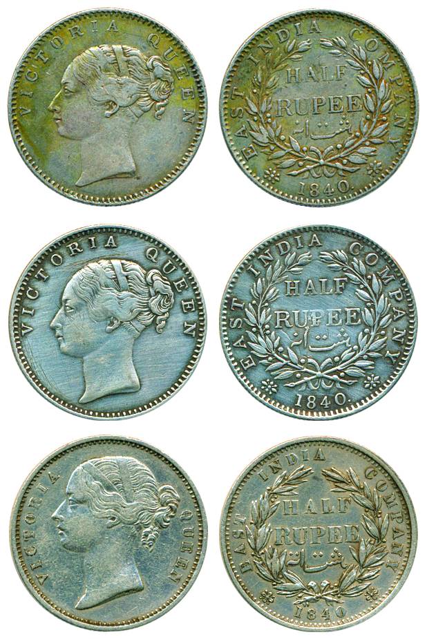 Victoria Queen, Silver, 1/2 Rupee (2), CL & DL, 1840, English Head, 19 berries (2), and 18