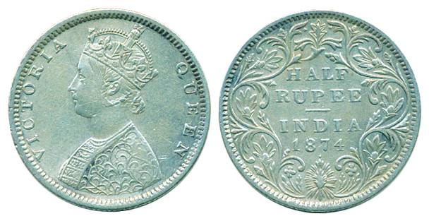 Victoria Queen, Silver, 1/2 Rupee, Bombay mint, 1874, B2/II/Dot. Very Fine+, Rare.