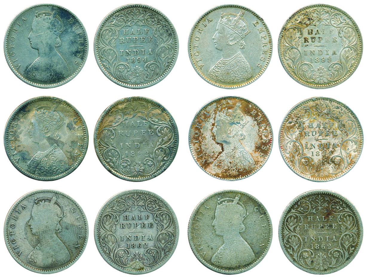 Victoria Queen / Empress, Silver, 1/2 Rupee (6), 1862, Calcutta (2), 1862, Bombay; 1894 Ca