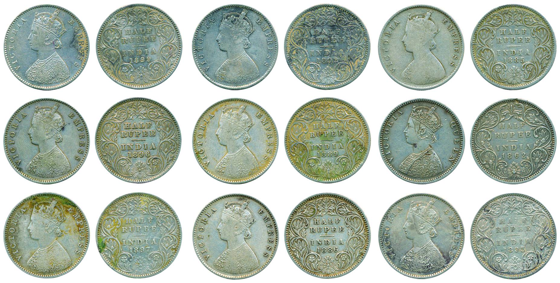 Victoria Queen / Empress, Silver, 1/2 Rupee (9), 1862, Madras; 1885 Calcutta; 1886 Calcutt