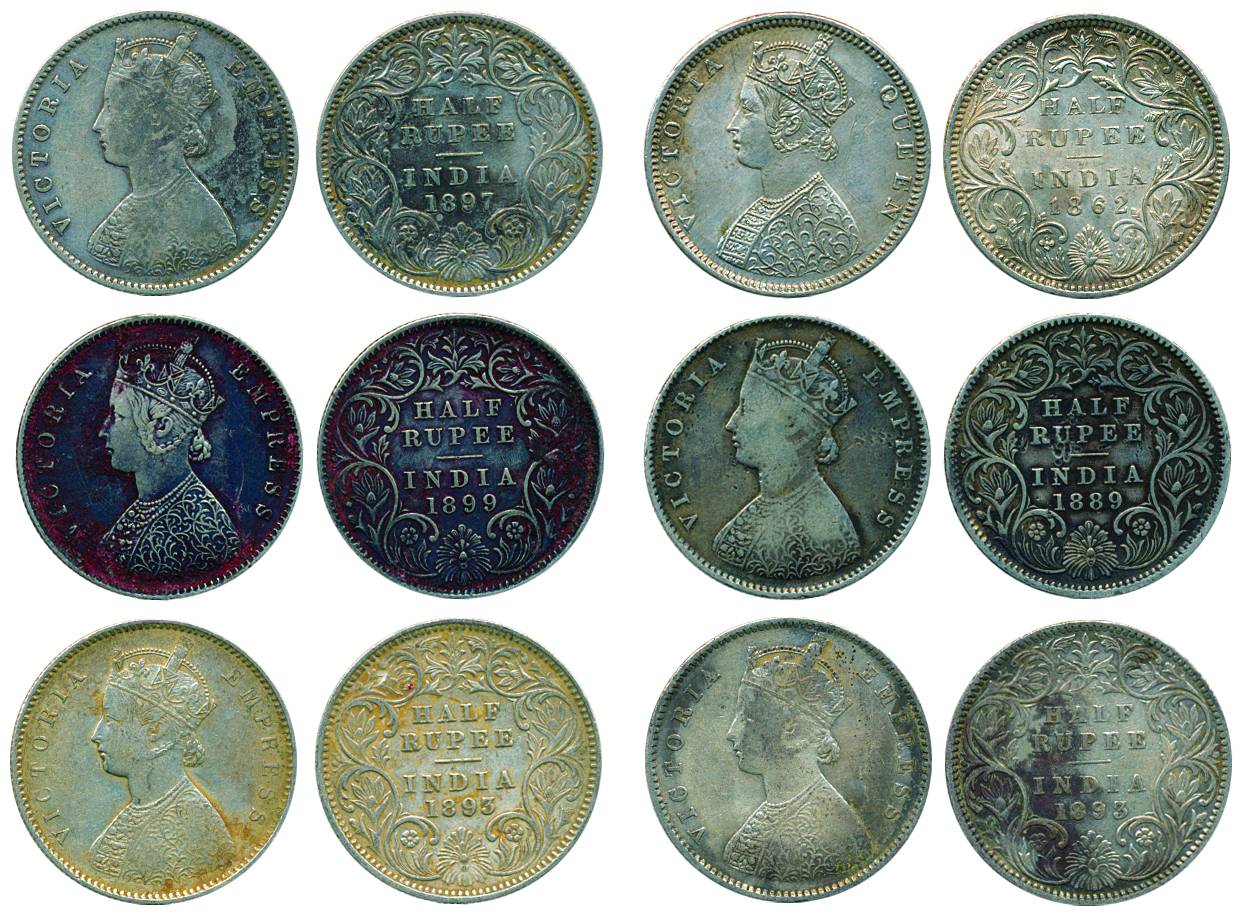 Victoria Queen / Empress, Silver, 1/2 Rupee (6), 1862, Madras; 1889 Calcutta; 1893 Calcutt