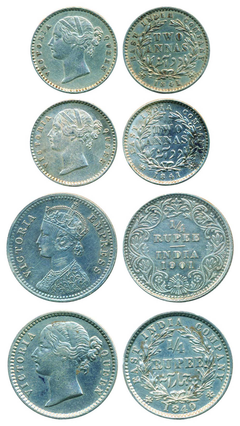 Victoria Queen, Silver, 1/4 Rupee (2) and 2 Annas (2), DL, 1840, w.w. raised; Empress, 190
