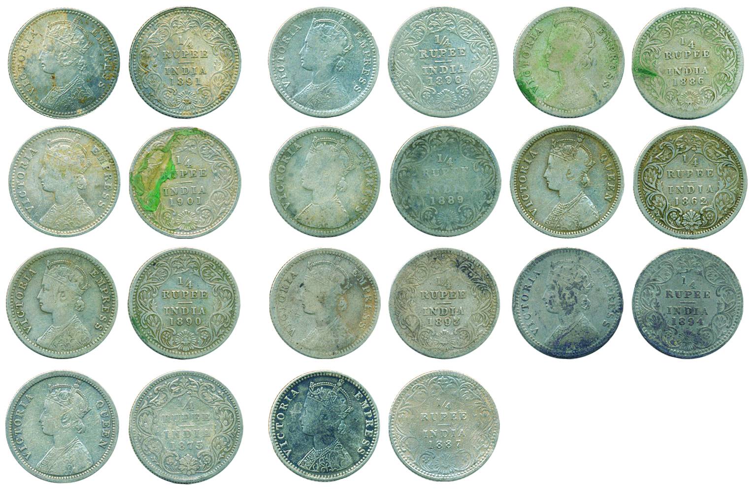 Victoria Queen / Empress, Silver 1/4 Rupee (11), 1862 Bombay; 1875 Bombay; 1886 Calcutta; 