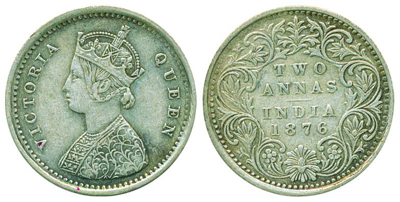 Victoria Queen, Silver, 2 Annas, Bombay mint, 1876, A/I/no mint mark. Extremely Fine, Rare