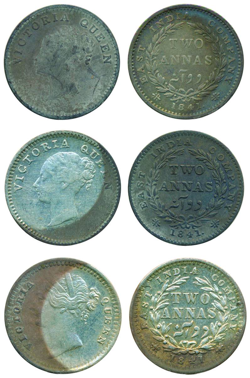Victoria Queen, Silver (3), 2 Annas, Continous legend (2), 1841, and Divided legend, 1841.