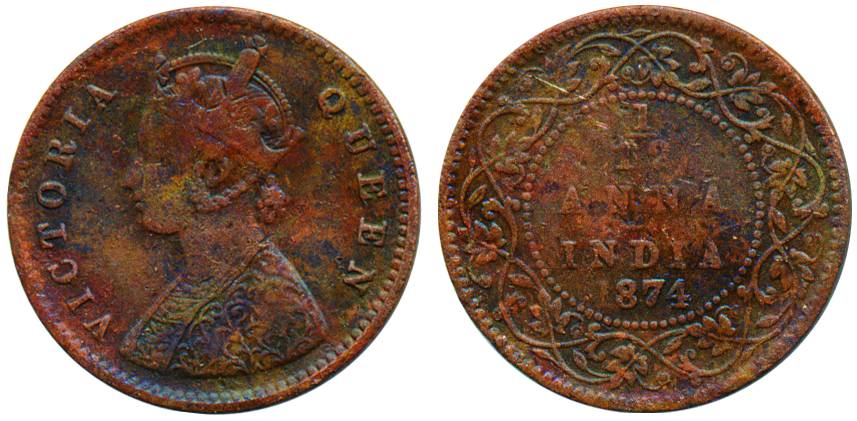 Victoria Queen, Copper, 1/12 Anna, 1874, Calcutta mint. Very Fine, Extremely Rare.