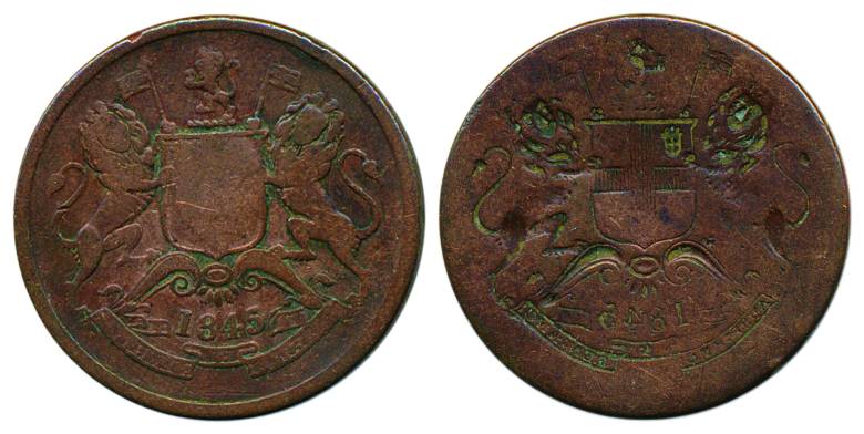 East India Company, Copper, 1/2 Anna Lakhi, Calcutta mint, 1845, brockage of obv. Fine+ an