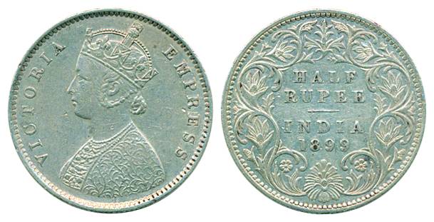 Victoria Empress, Silver, 1/2 Rupee, Bombay mint, 1899, A/I/B incused (inverted). About Ex