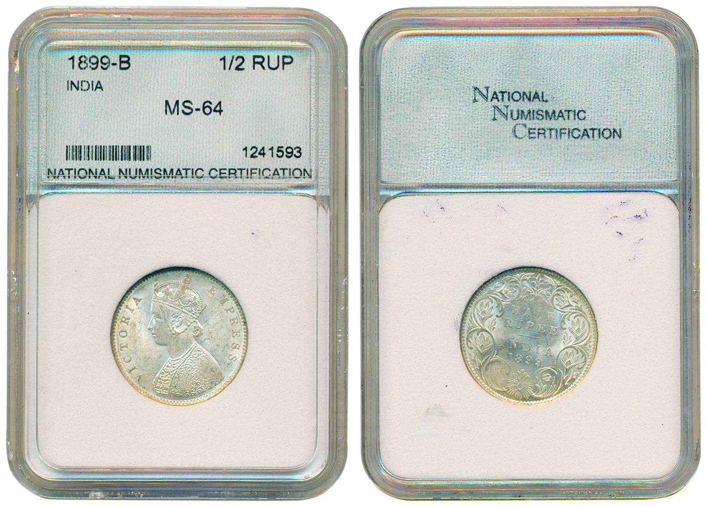 Victoria Empress, Silver, 1/2 Rupee, Bombay mint, 1899, A/I/B incused inverted. Slabbed an