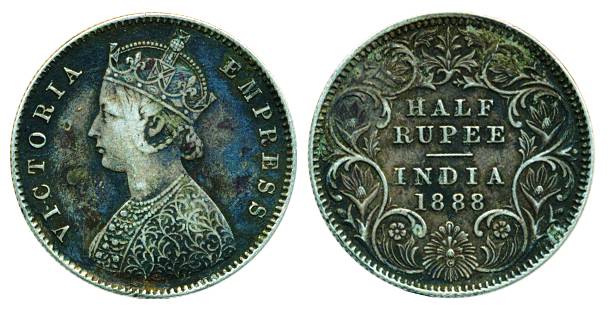 Victoria Empress, Silver, 1/2 Rupee, Calcutta mint, 1888, A/I/C incused. Very Fine, Scarce