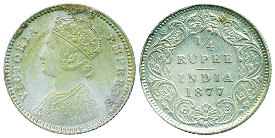 Victoria Empress, Silver, 1/4 Rupee, Calcutta mint, 1877, B/I/no marks. Extremely Fine, Ra