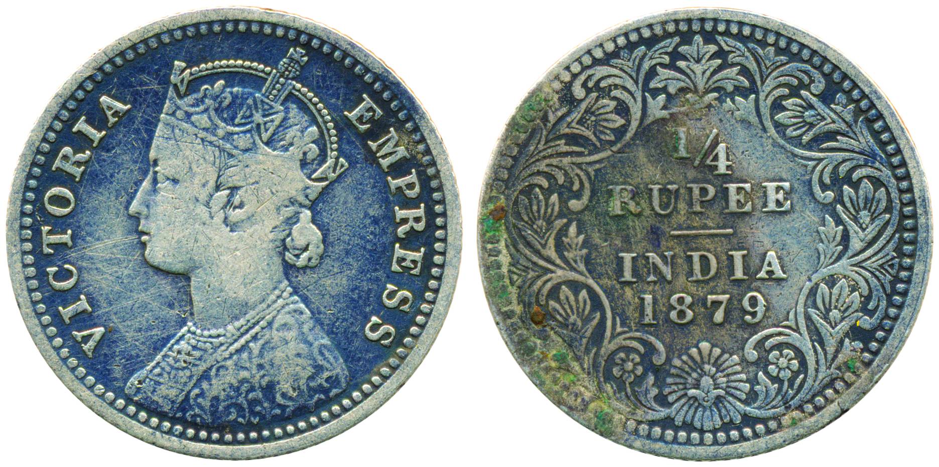 Victoria Empress, Silver, 1/4 Rupee, Calcutta mint, 1879, C/II/C incused. About Very Fine,