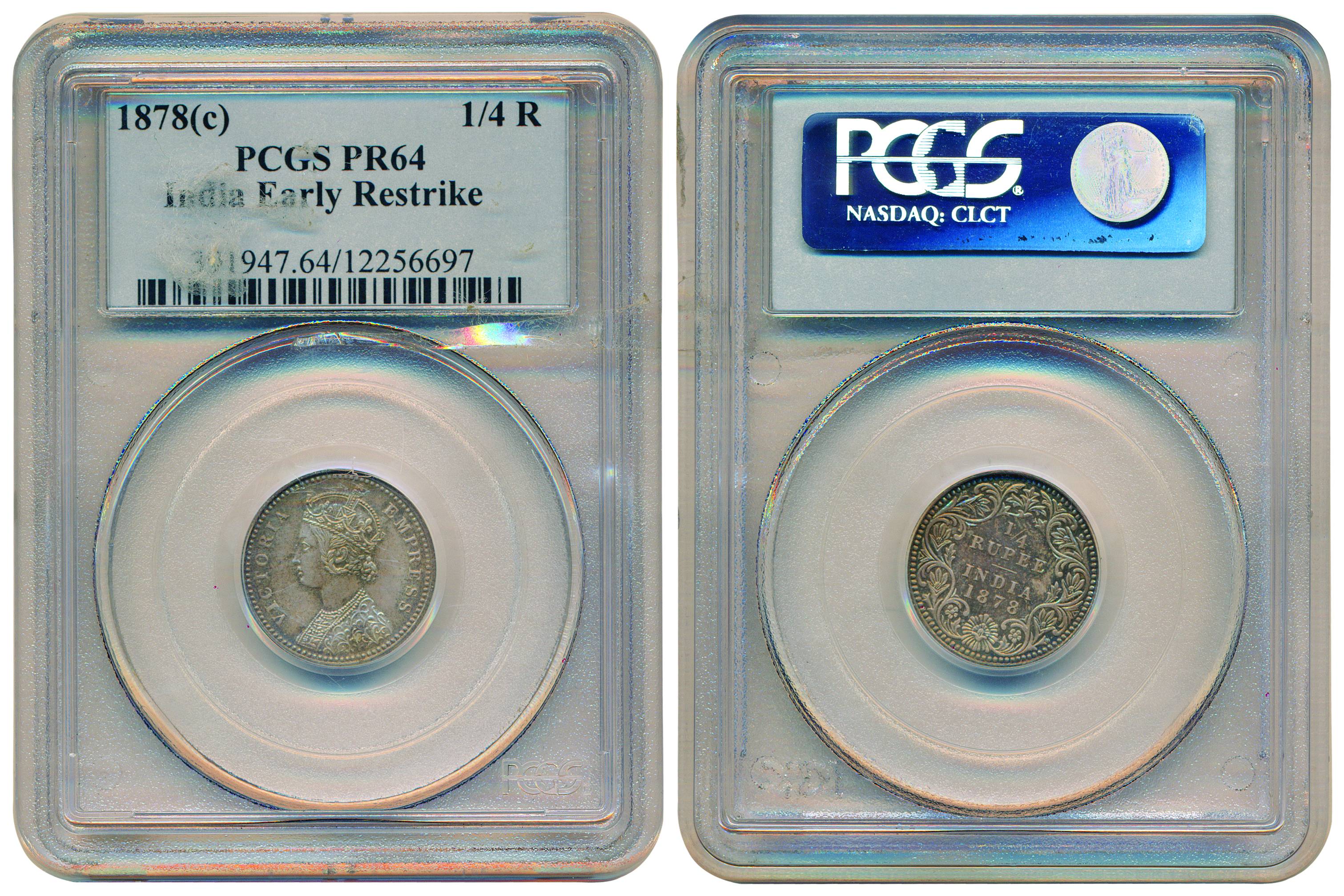 Victoria Empress, Silver, 1/4 Rupee Proof, Calcutta mint, 1878, C/II/ no mint mark. Slabbe