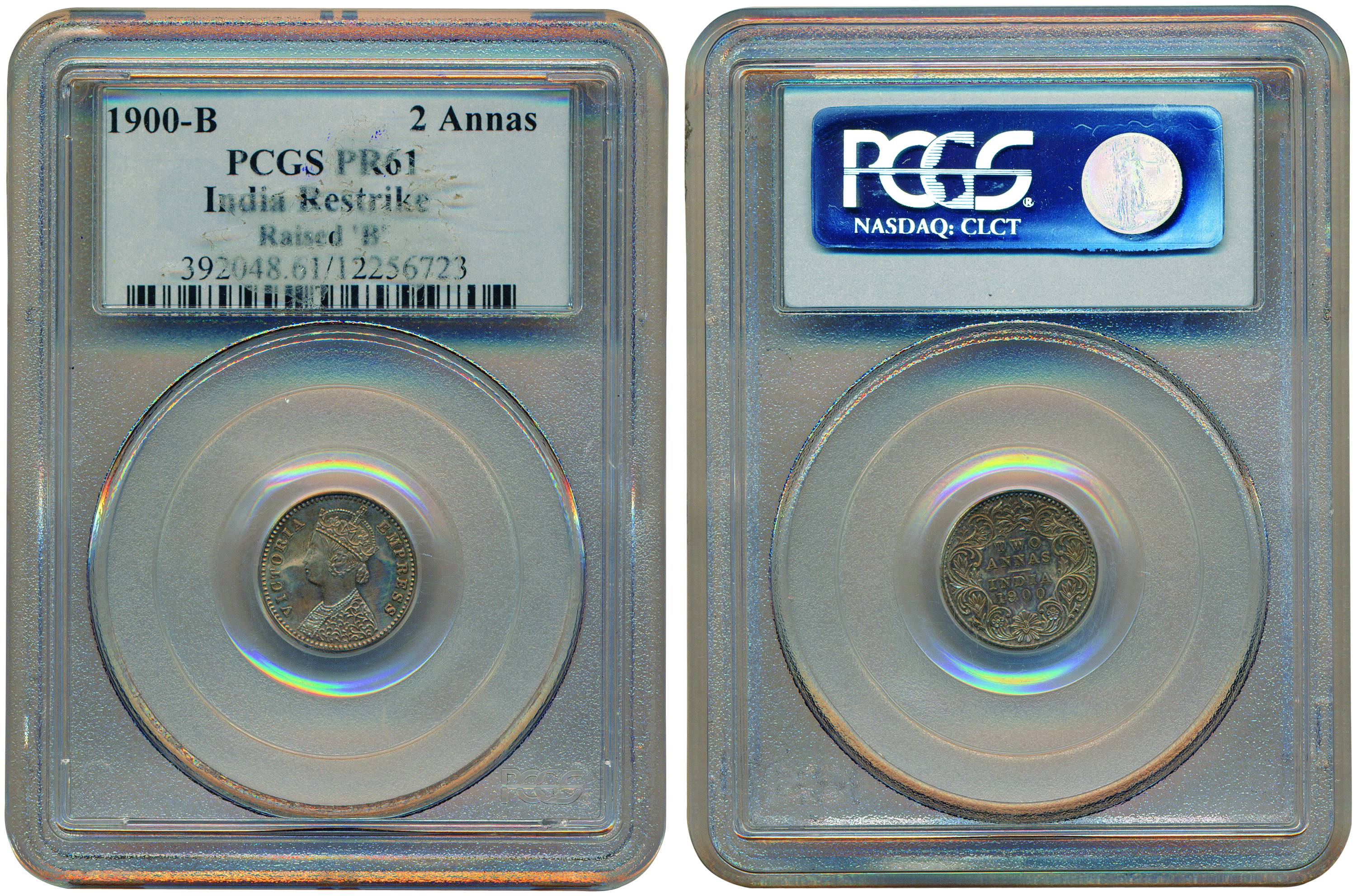Victoria Empress, Silver, 2 Annas Proof, Bombay mint, 1900, B/I/ B raised mint mark. Slabb