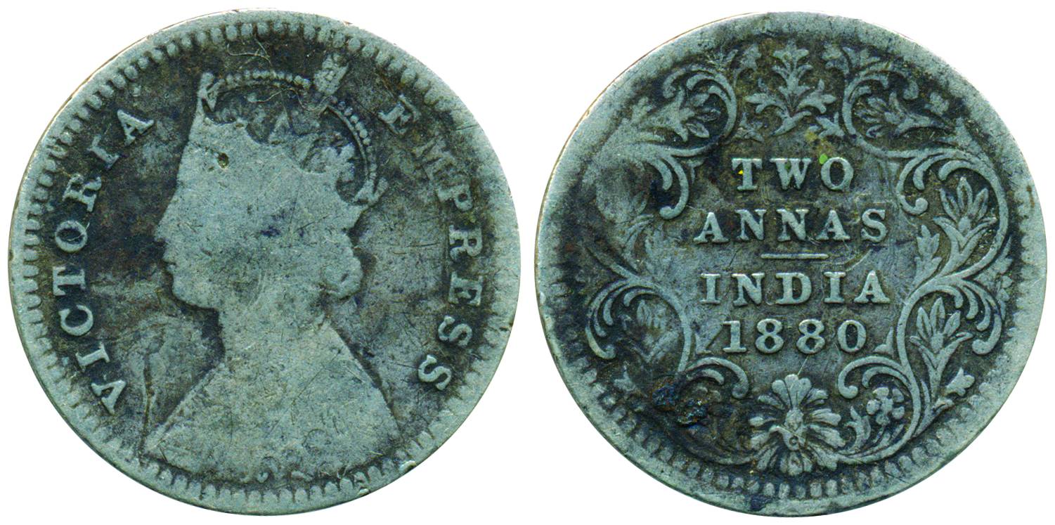Victoria Empress, Silver, 2 Annas, Calcutta mint, 1880, B/II/C incused. Fine, Rare.