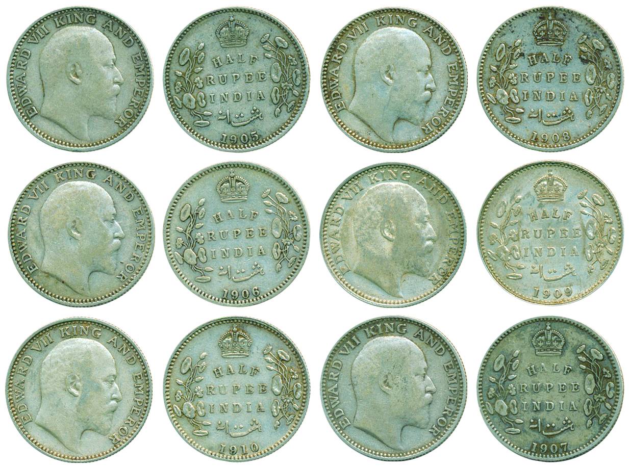 Edward VII, Silver, 1/2 Rupee (6), Calcutta mint, 1905 to 1910. About Very Fine to Very Fi