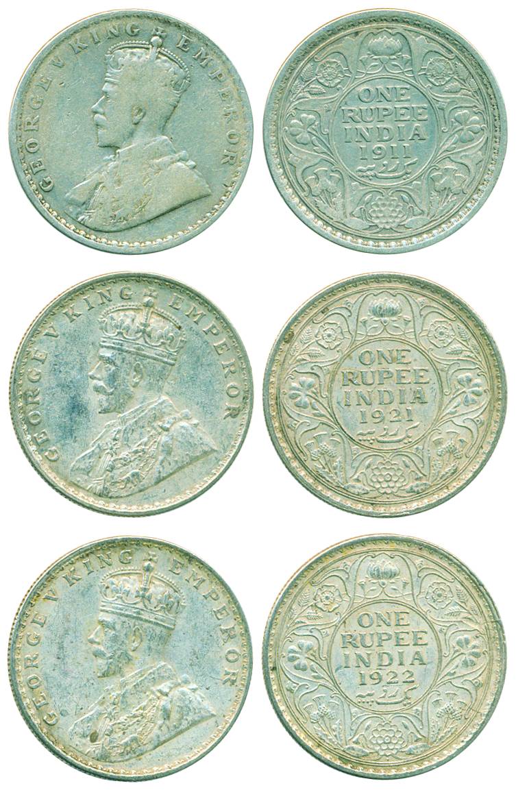 George V, Silver, Rupee (3), Calcutta mint, 1911, no dot, Pig type; Bombay mint, 1921 and 