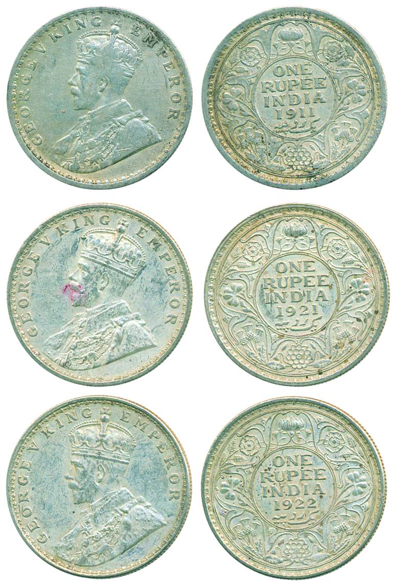 George V, Silver, Rupee (3), Calcutta mint, 1911, no dot, Pig type; Bombay mint, 1921 and 