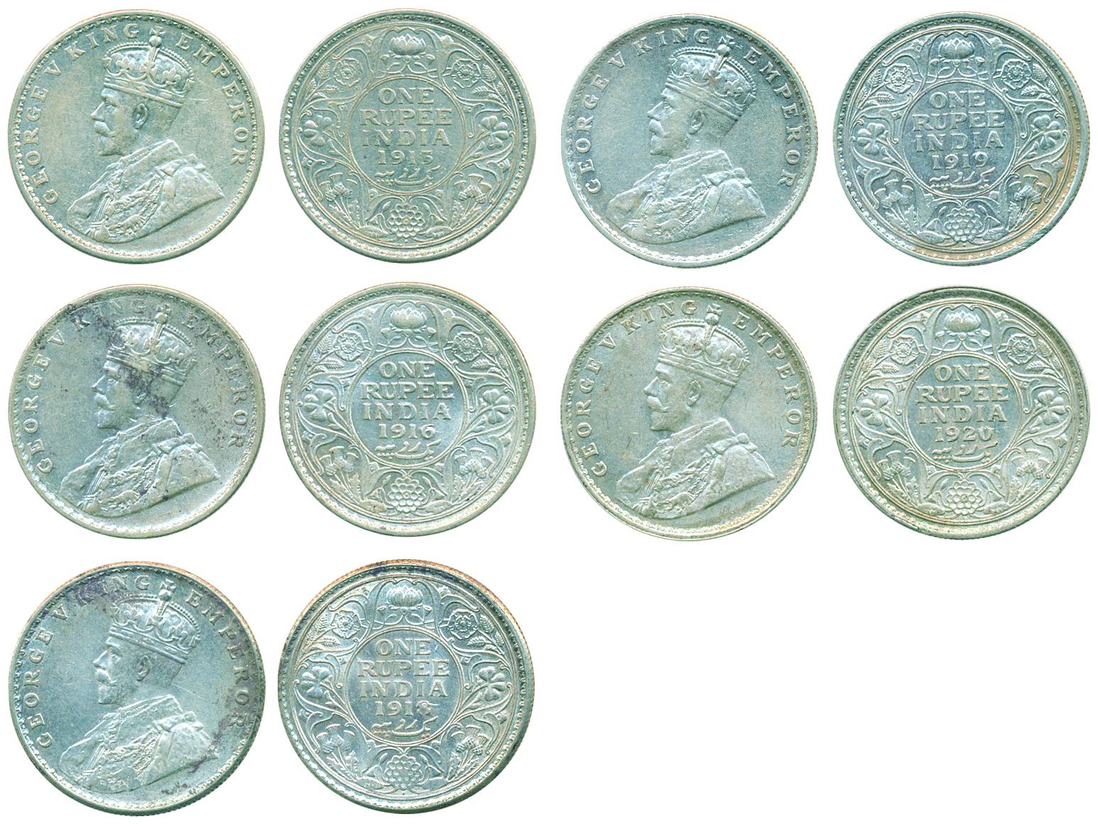 George V, Silver (5), Rupee, 1913, 1916, 1918, 1919 and 1920, Bombay mint with Dot mark. A