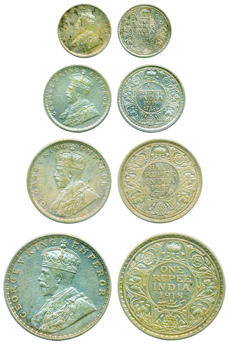 George V, Silver, Rupee, 1/2 Rupee, 1/4 Rupee, and 2 Annas, 1918 Bombay, 1917 Bombay, 1919