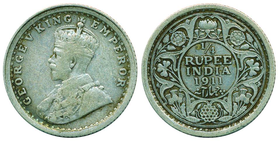 George V, Silver, 1/4 Rupee, Calcutta mint, 1911, no dot, Pig type. About Very Fine, Rare.