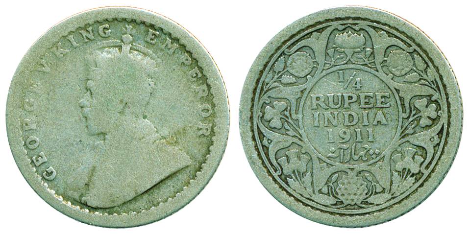 George V, Silver, 1/4 Rupee, Calcutta mint, 1911, no dot, Pig type. Fine, Scarce.