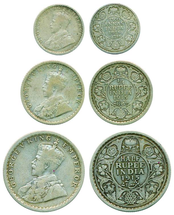 George V, Silver, 1/2 Rupee, 1/4 Rupee and 2 Annas, Calcutta mint, 1915, no dot. Fine+ to 