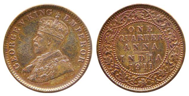 George V, Copper, 1/4 Anna, 1911, Calcutta mint, no dot mark, Pig type. Extremely Fine, Sc