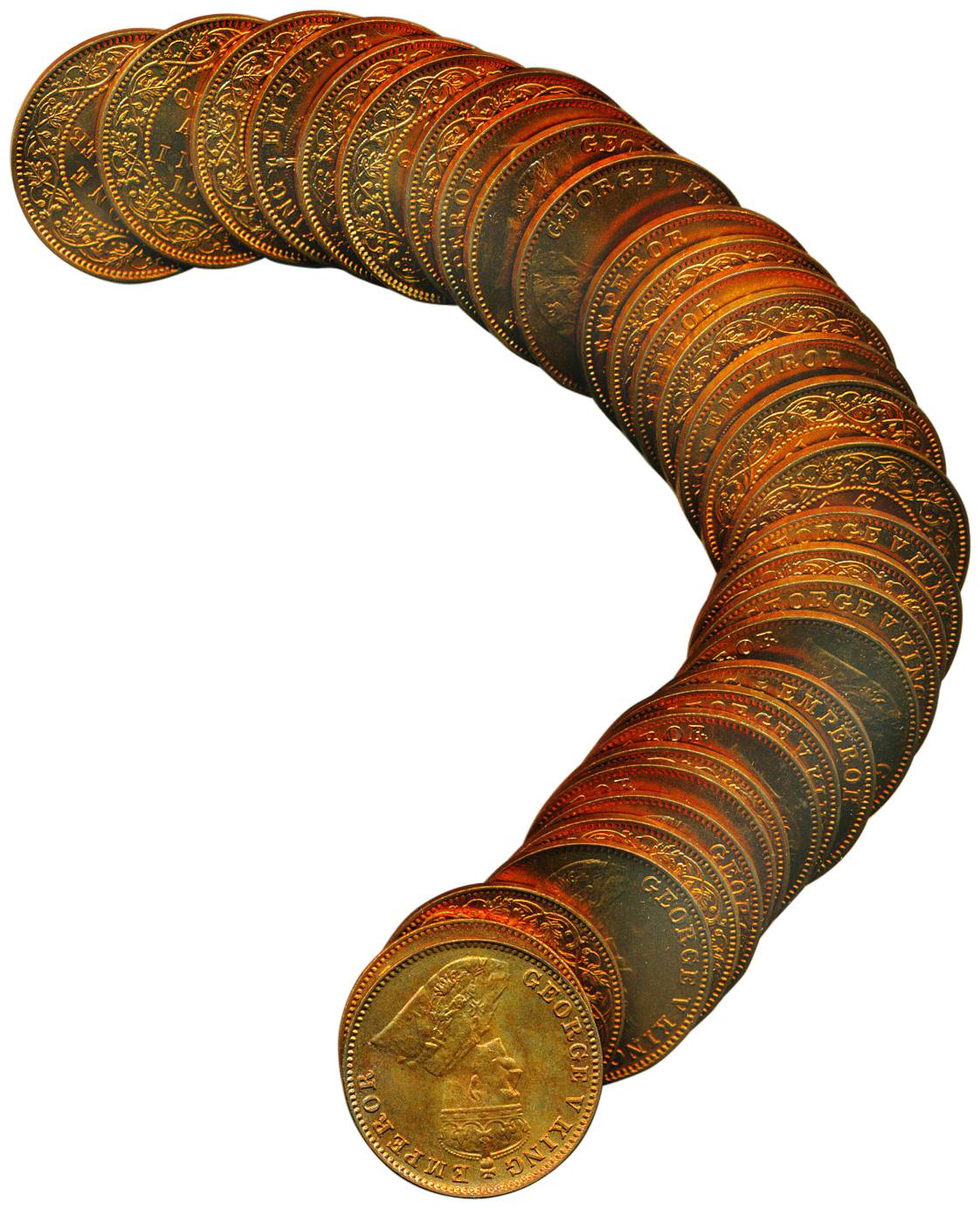George V, Copper, Mint Roll of 1/4 Anna, 1930, Bombay mint, dot mark. All UNC, Roll with 3