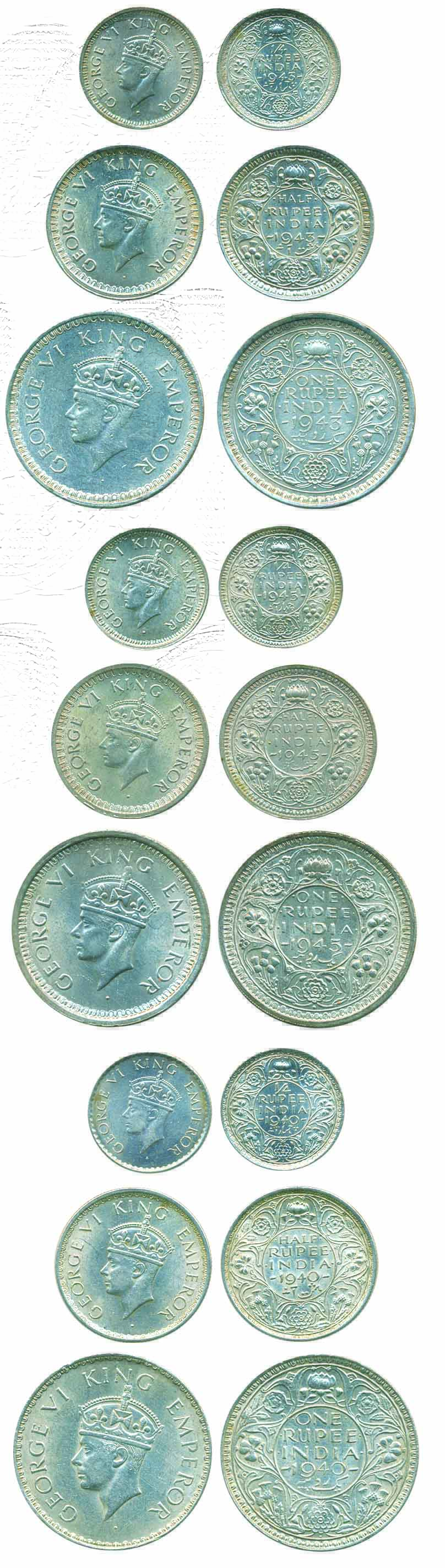 George VI, Silver (9), Rupee, 1/2 and 1/4 Rupee, 3 sets of 3 coins each, Bombay mint, 1940