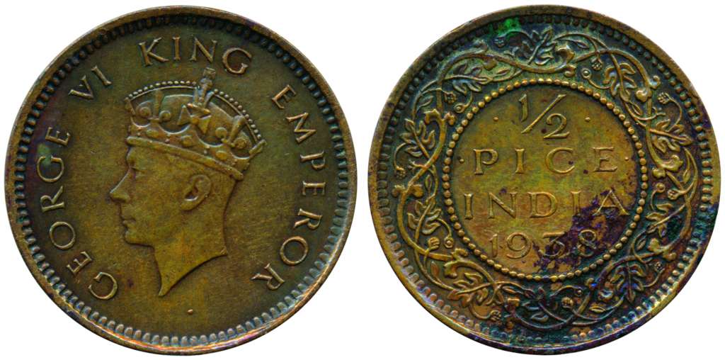 George VI, Copper, 1/2 Pice, Calcutta mint, 1938. Extremely Fine and better, Extremely Rar