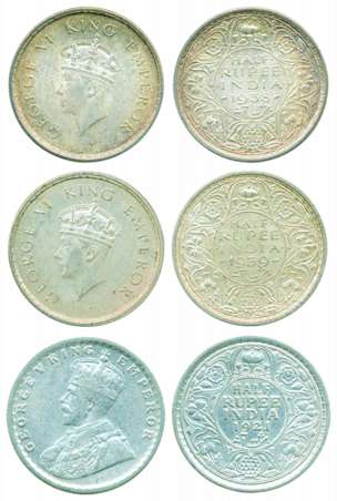 George V and George VI, Silver, 1/2 Rupee (3), Calcutta mint, 1921, Bombay mint, 1938 and 