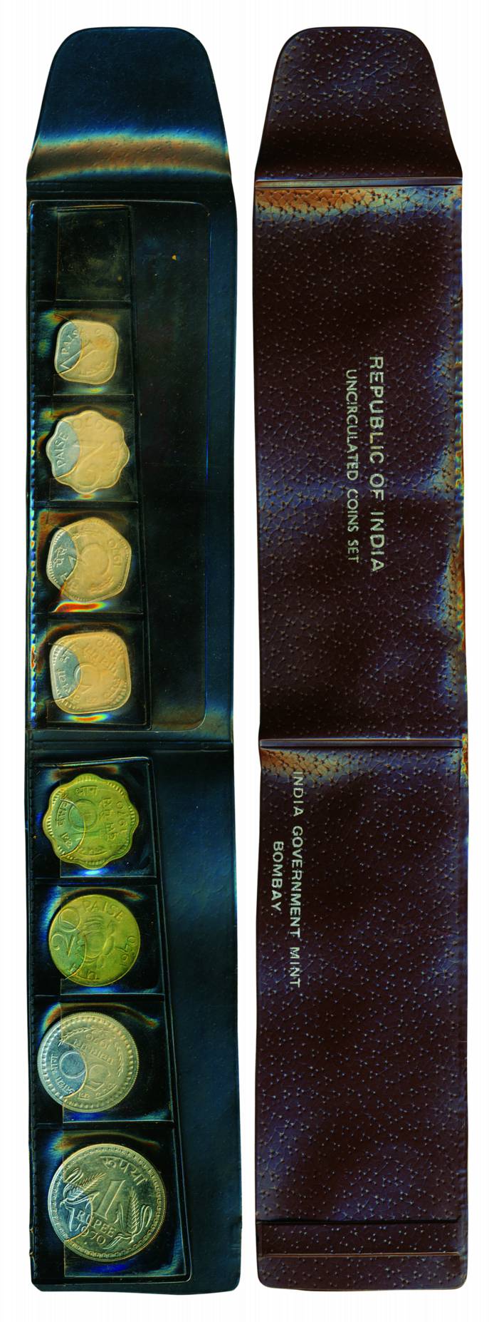 UNC Strip of 1970, Bombay mint, Diamond dot mark Set of 8 coins from 1 Paisa to 1 Rupee (R