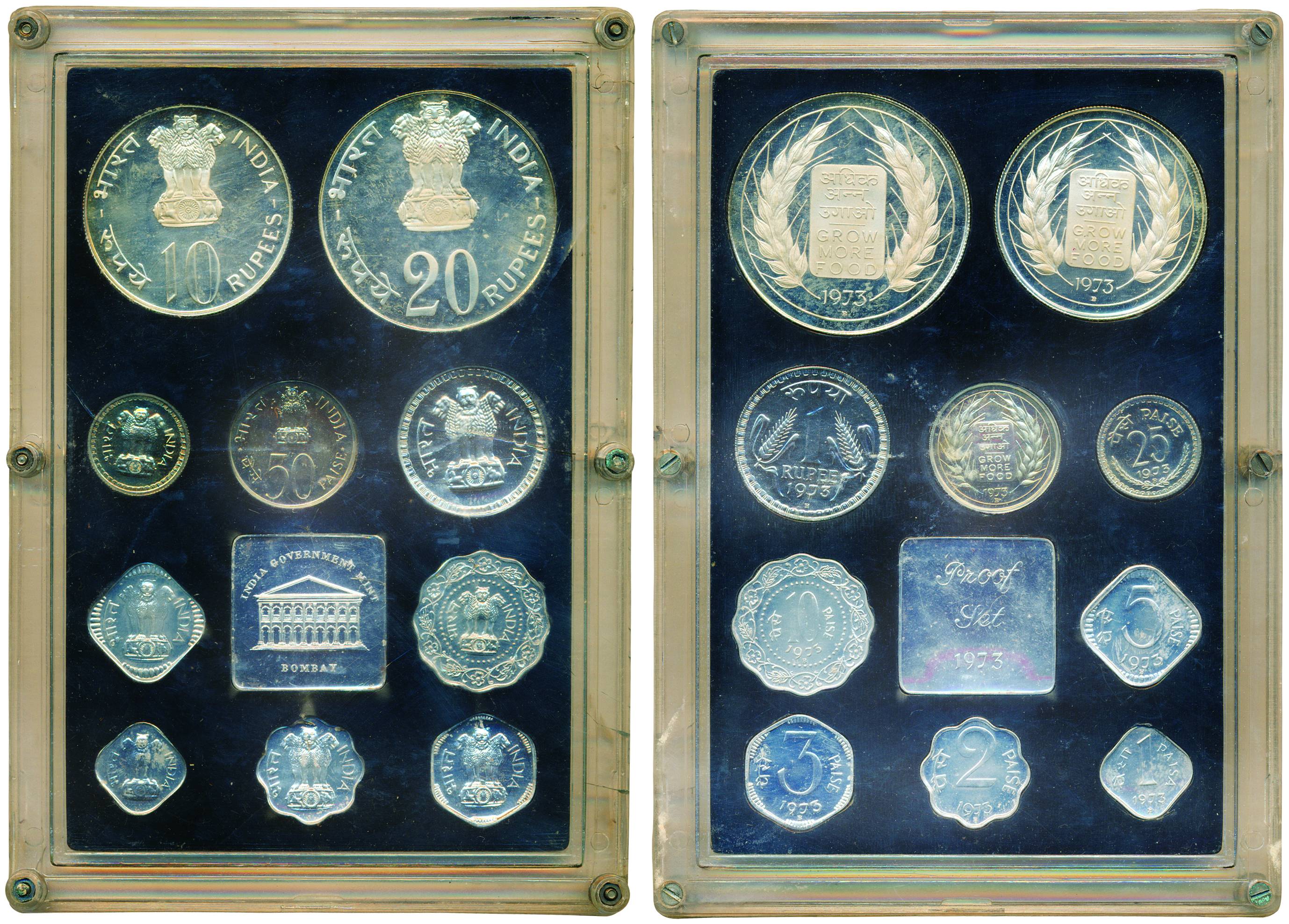 Proof Set of 1973, Grow More Food, Set of 10 coins, Bombay mint (RB# 35). In original box 
