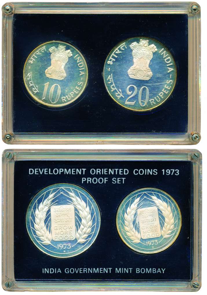 Proof Set of 1973, Grow More Food, Set of 2 coins - 20 & 10 Rupees, Bombay mint (RB# 37). 