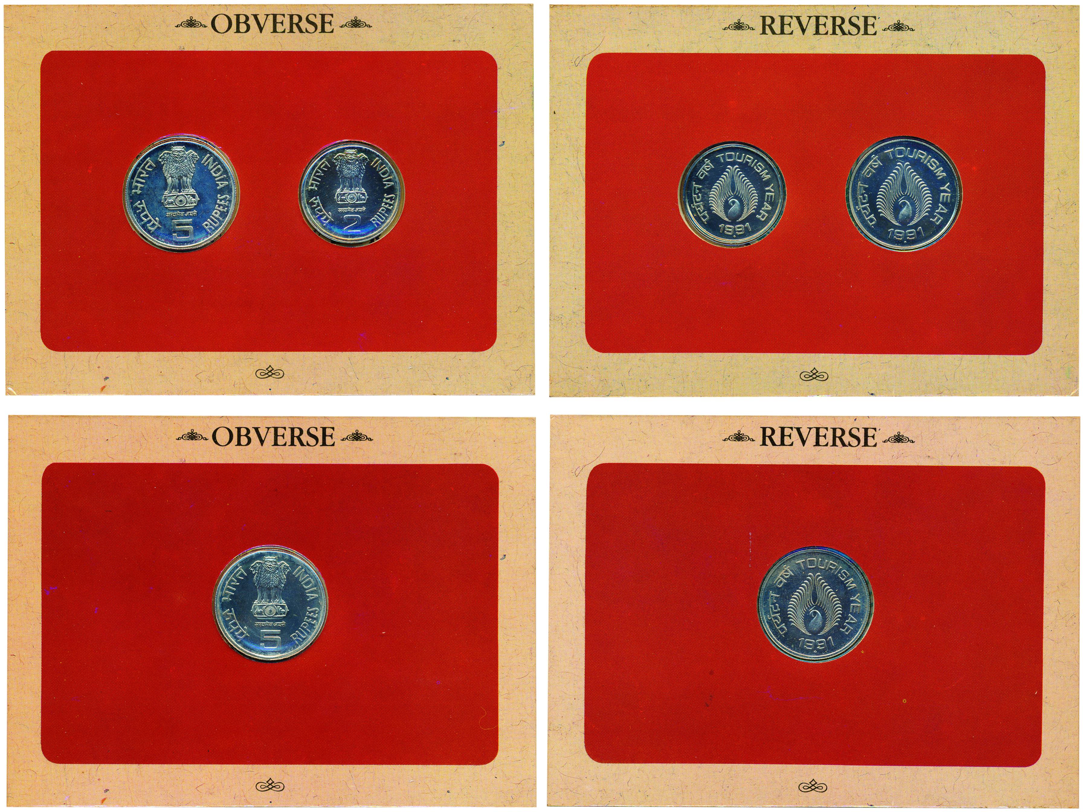 UNC Set of 1991, India Tourism Year, Set of 1 coin of 5 Rupees; and Set of 2 coins of Rs. 