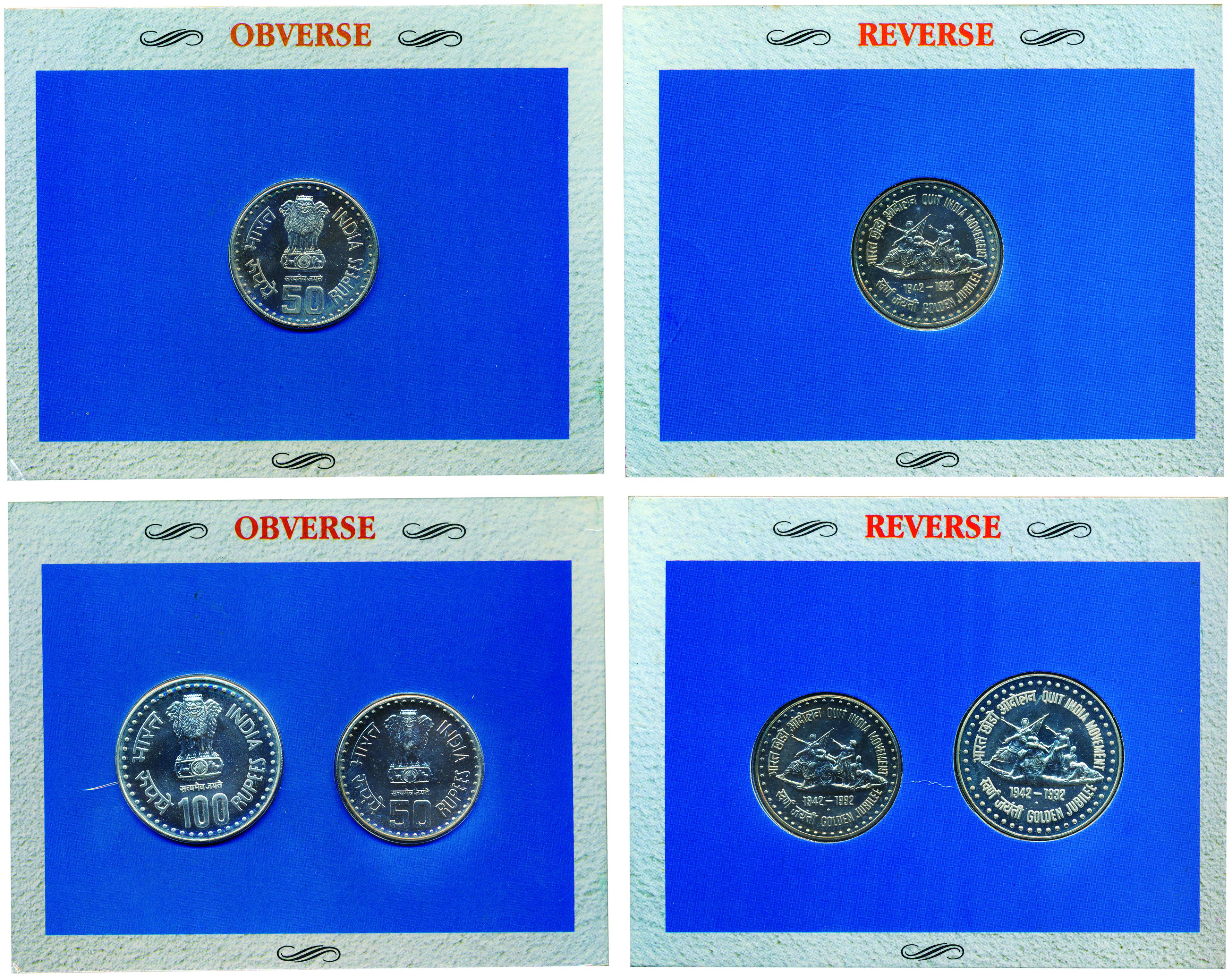 UNC Set of 1992, Quit India Movement (1942-1992), Set of 1 coin of 50 Rupees; and Set of 2