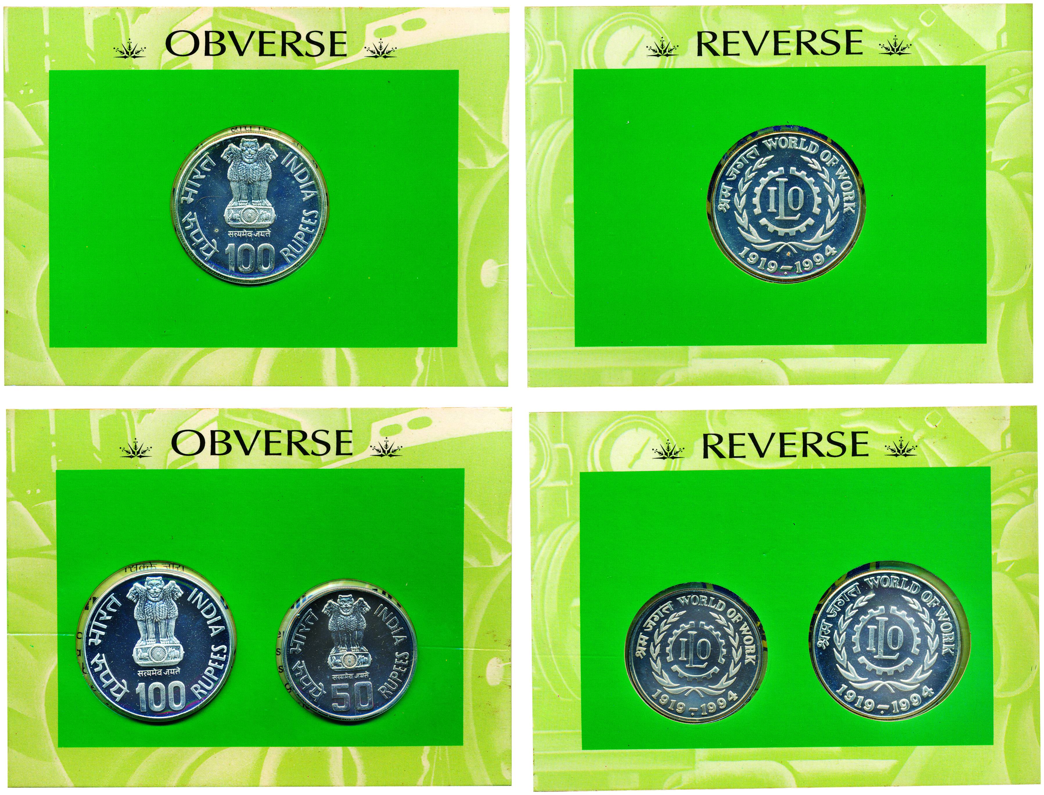 UNC Set of 1994, World of Work, Set of 1 coin of 100 Rupees; and Set of 2 coins of Rs. 100