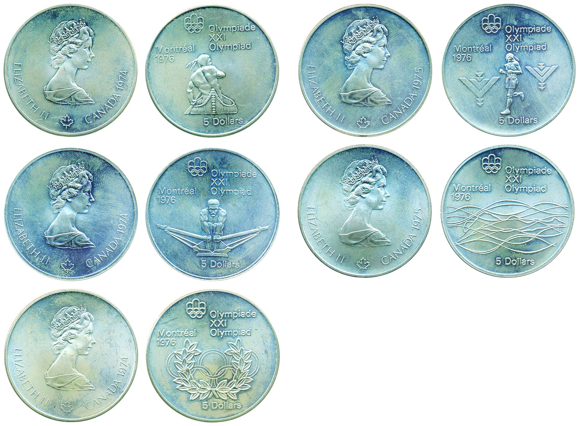 Canada, Elizabeth II, Silver (5), 5 Dollars, 1976, XXI Olympics, Montreal. All different c