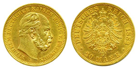 Germany, Wilhelm, Gold, 7.95 g, 1883. About UNC.