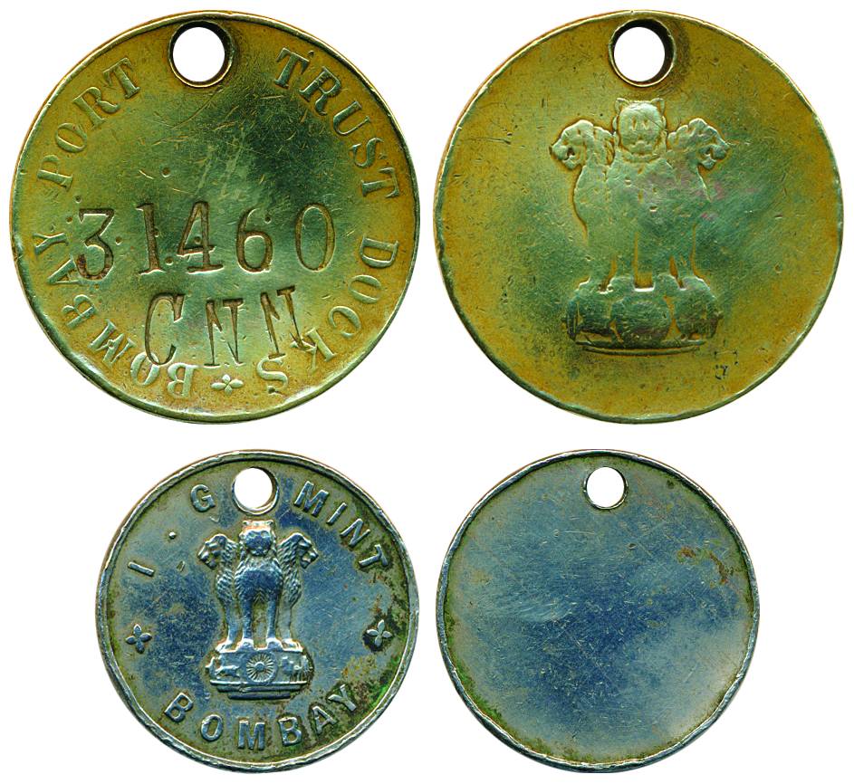 I G Mint, Bombay Token, Nickel, unifaced; Bombay Port Trust Docs Token, Brass. Both with t