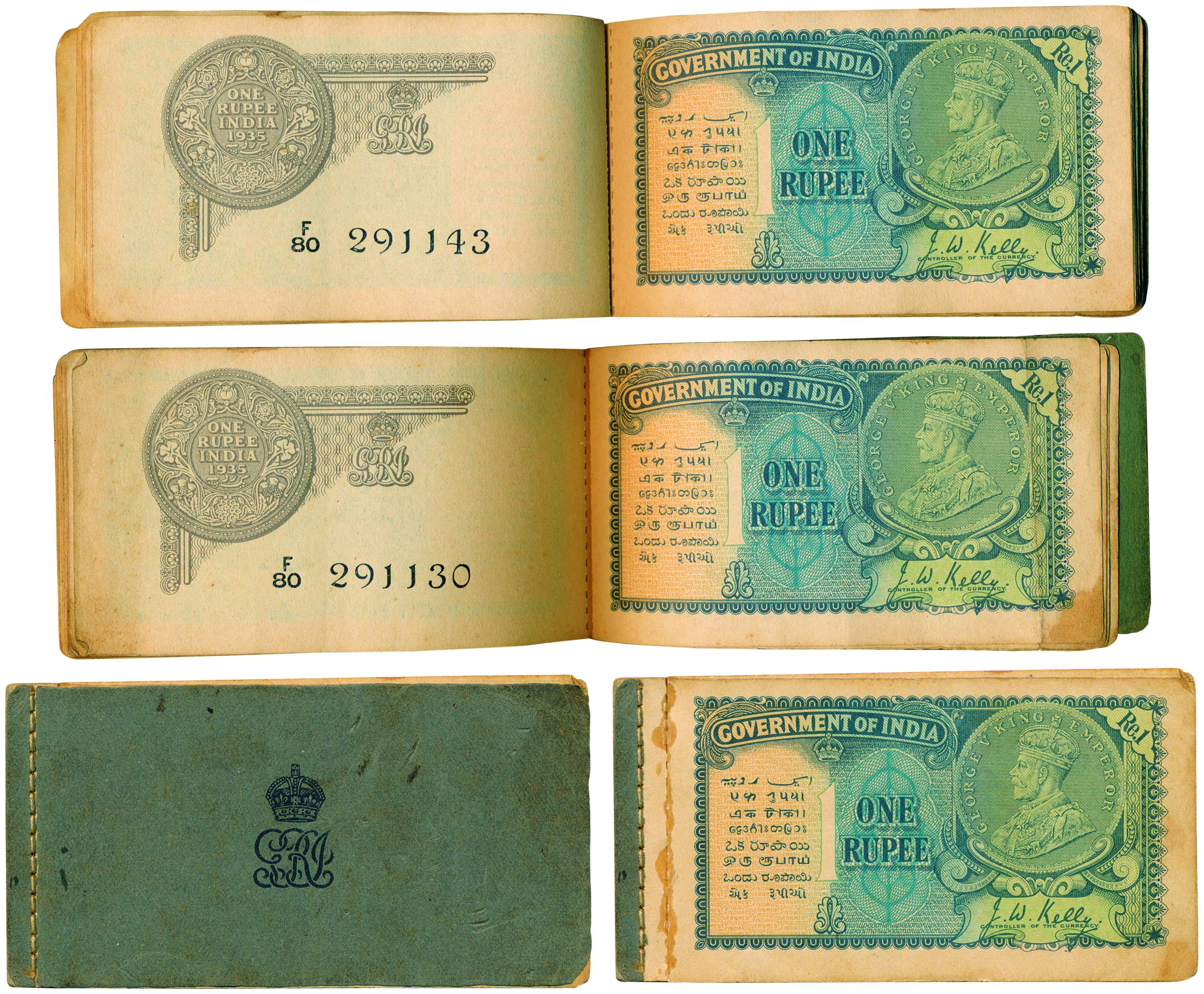 George V, Booklet of 1 Rupee of 25 notes, 2nd issue, 1935, Sign by JW Kelly, Prefix F 80. 