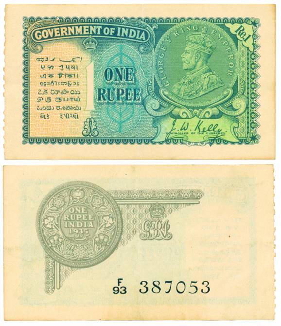 George V, 1 Rupee, 2nd Issue, 1935, Sign by J W Kelly, Prefix F 93 (Jhun# 2.1A). Perforati