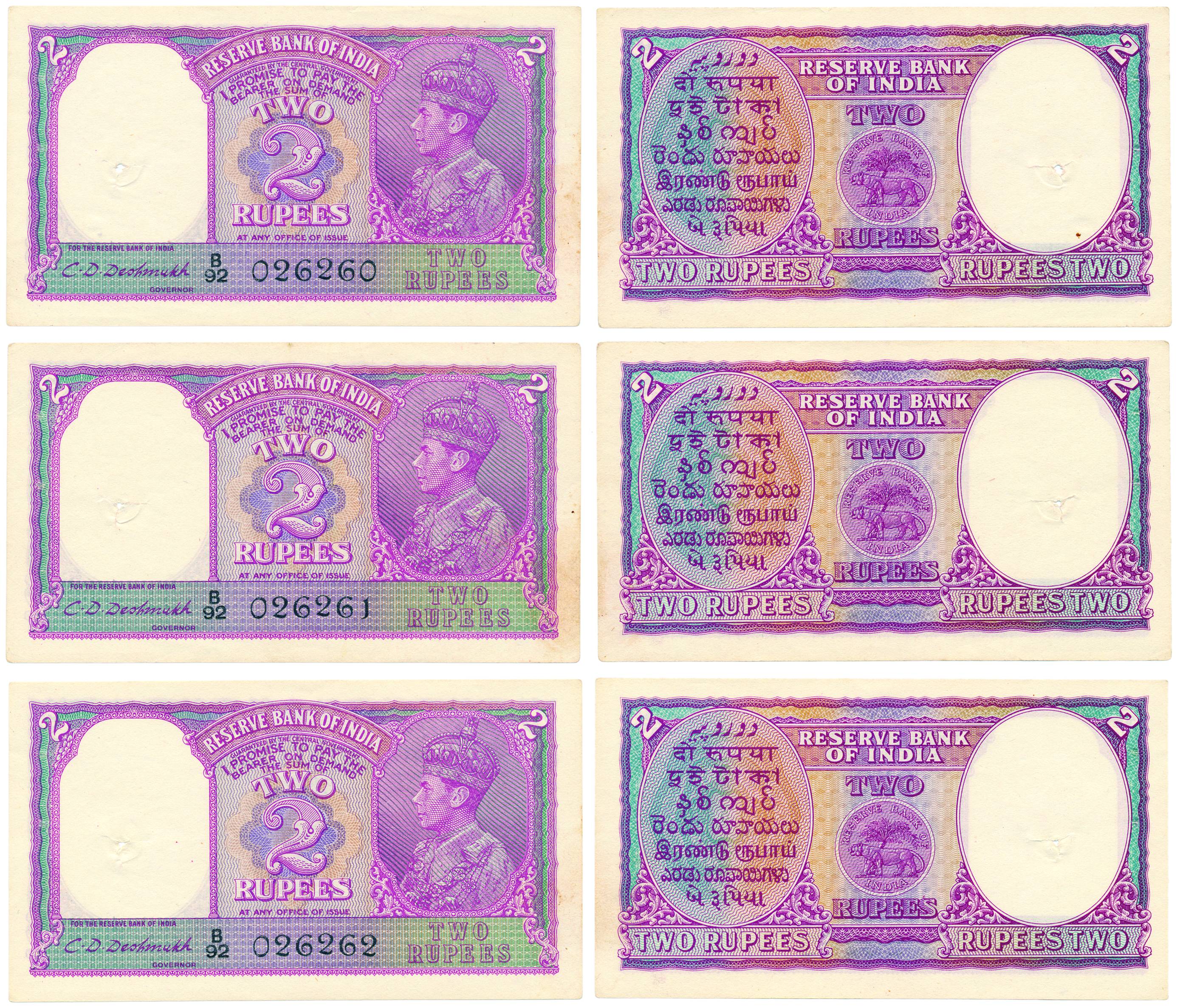 George VI, 2 Rupees (3), Type 2, 1943, Sign by CD Deshmukh, Prefix B92, 3 consecutive note