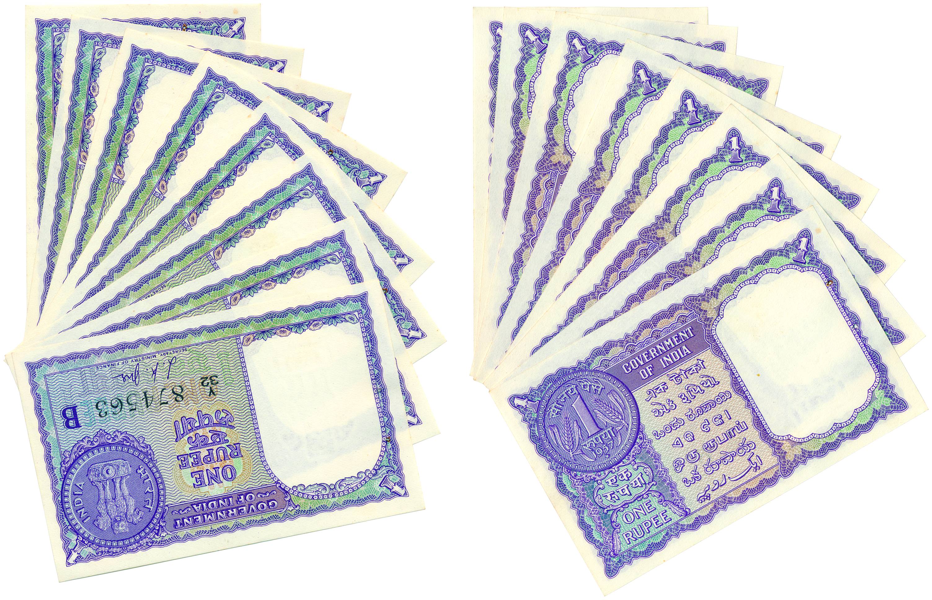 1 Rupee, 1957, Sign by LK Jha, Inset B, 10 UNC notes of consecutive serial numbers (A10). 