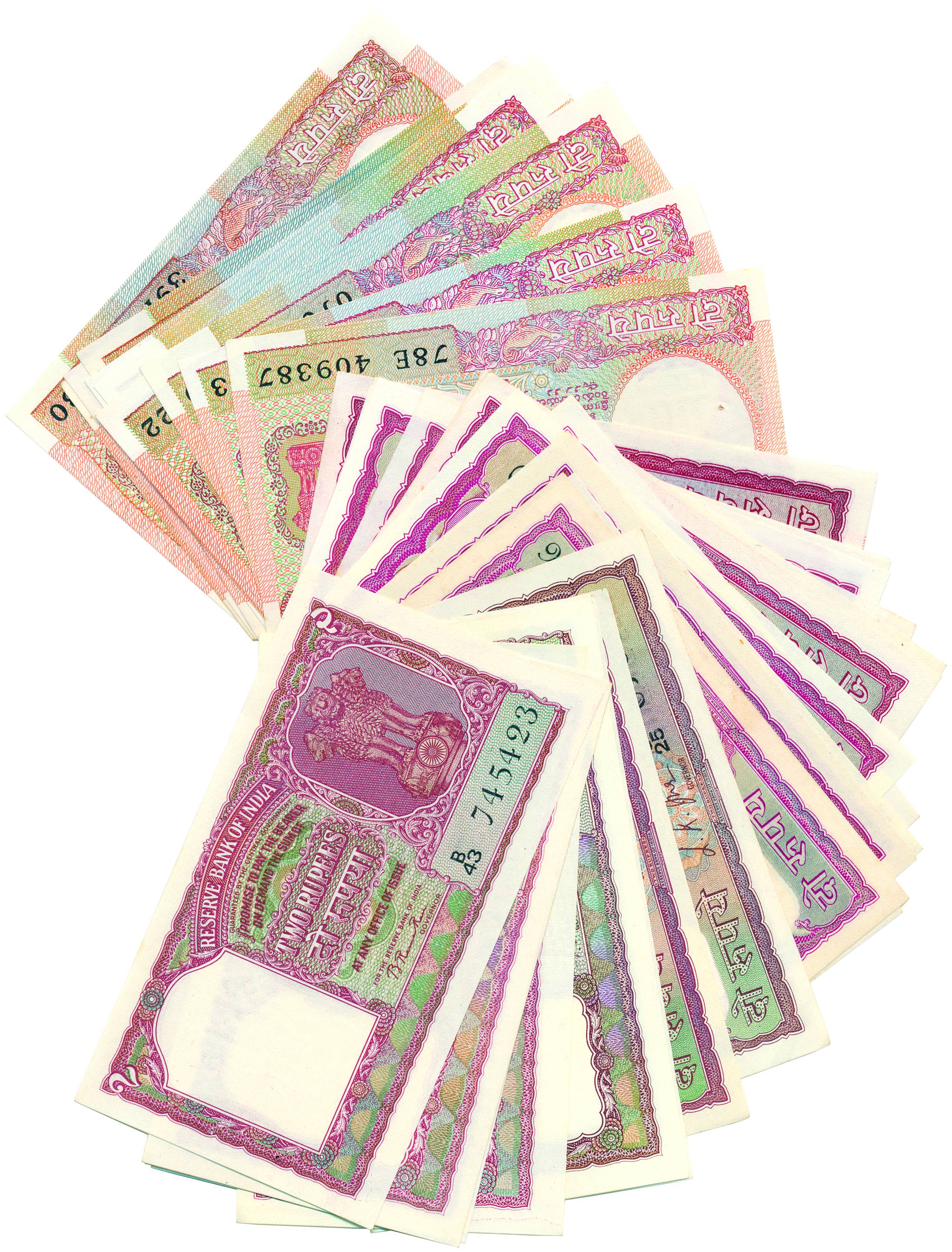 2 Rupees, Complete Set of all 36 notes of all the issued types and varieties right from B 